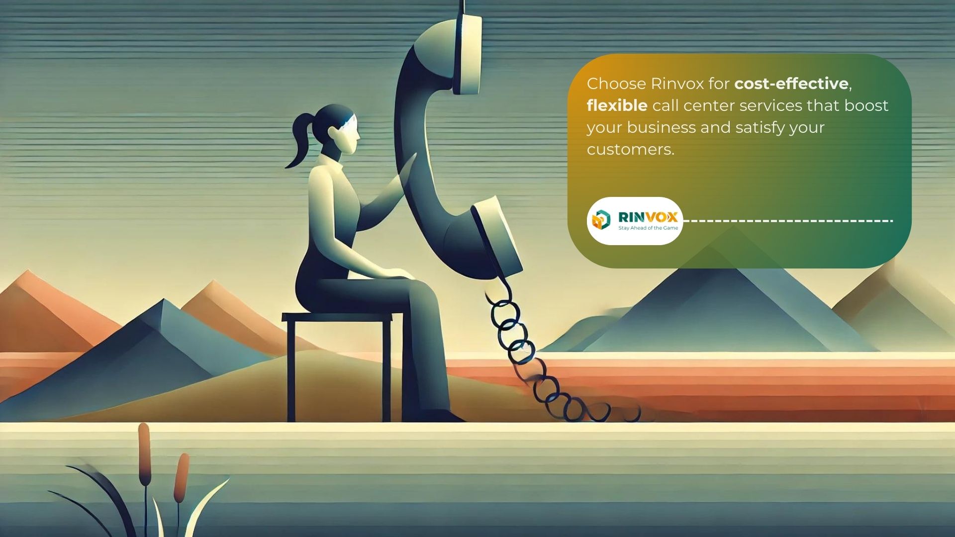 A woman interacts with a giant telephone in a symbolic landscape, highlighting Rinvox's call center services.