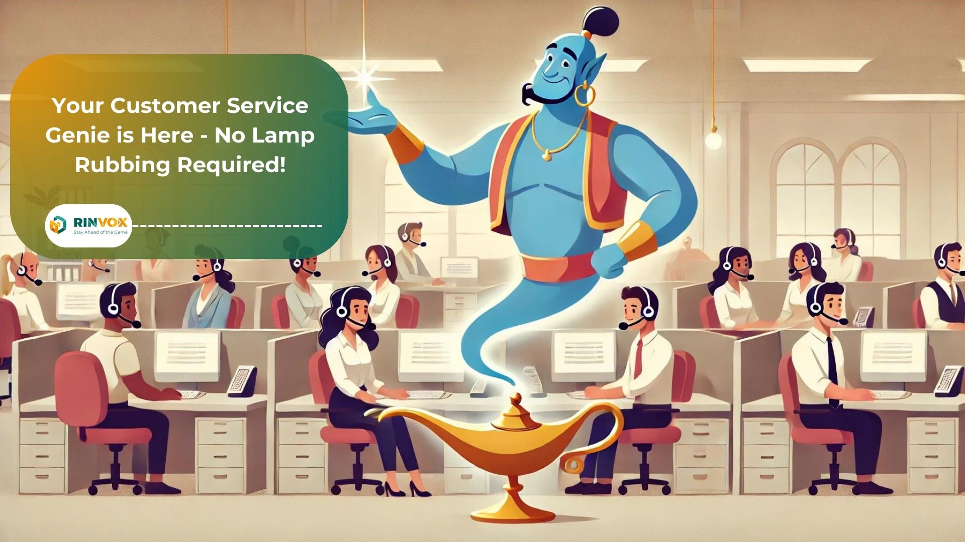 Genie emerges from lamp in modern call center, illustrating Rinvox's magical customer service.