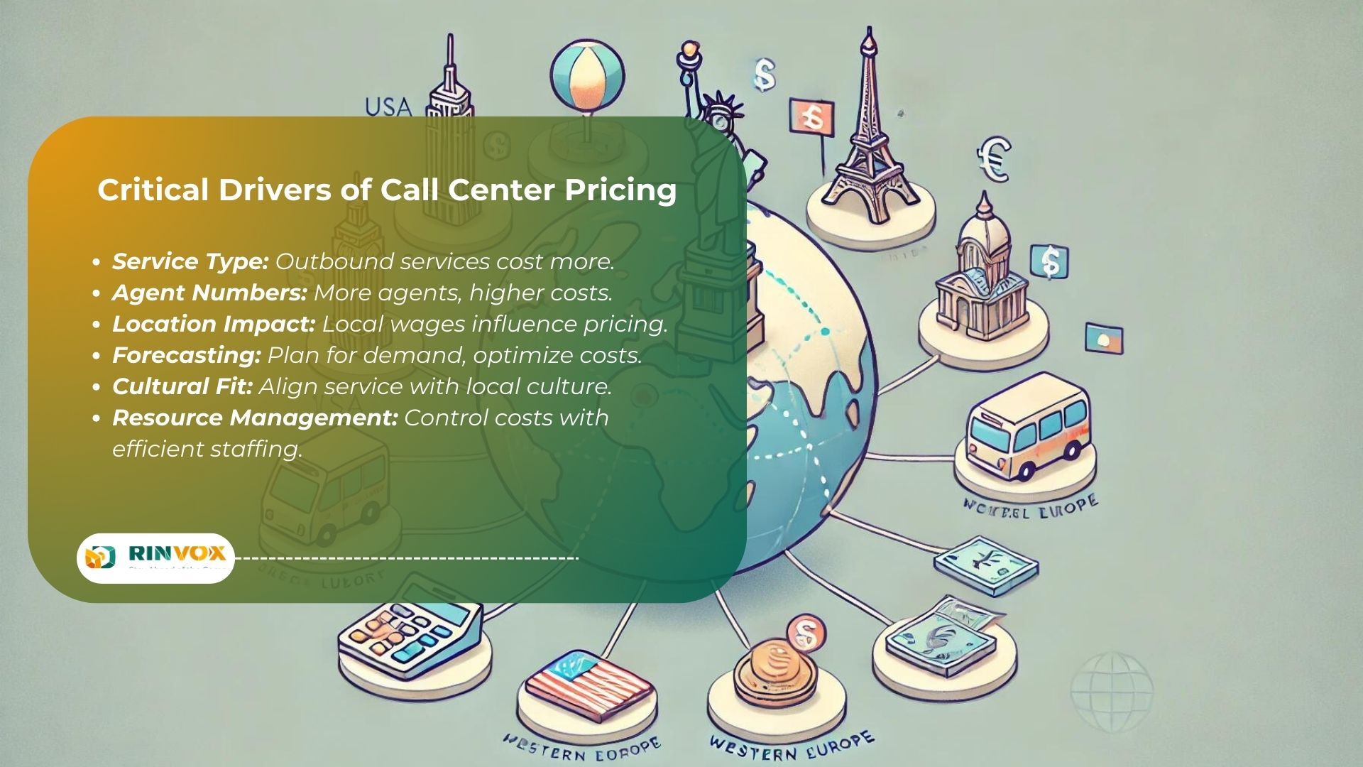 Cartoon map shows call center costs worldwide.