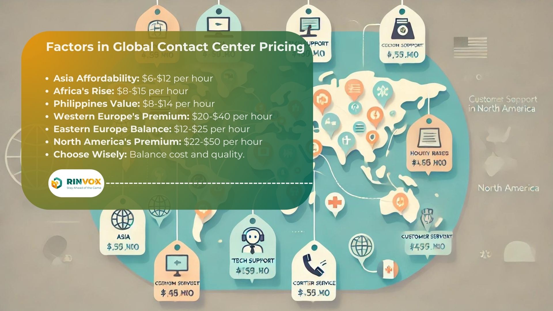 Map shows contact center rates worldwide. Contact center pricing blog. 