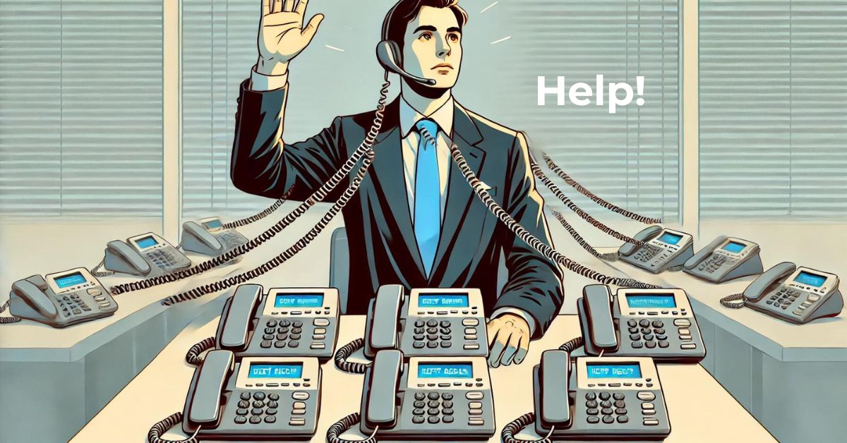 Business person with ringing phones asking for help