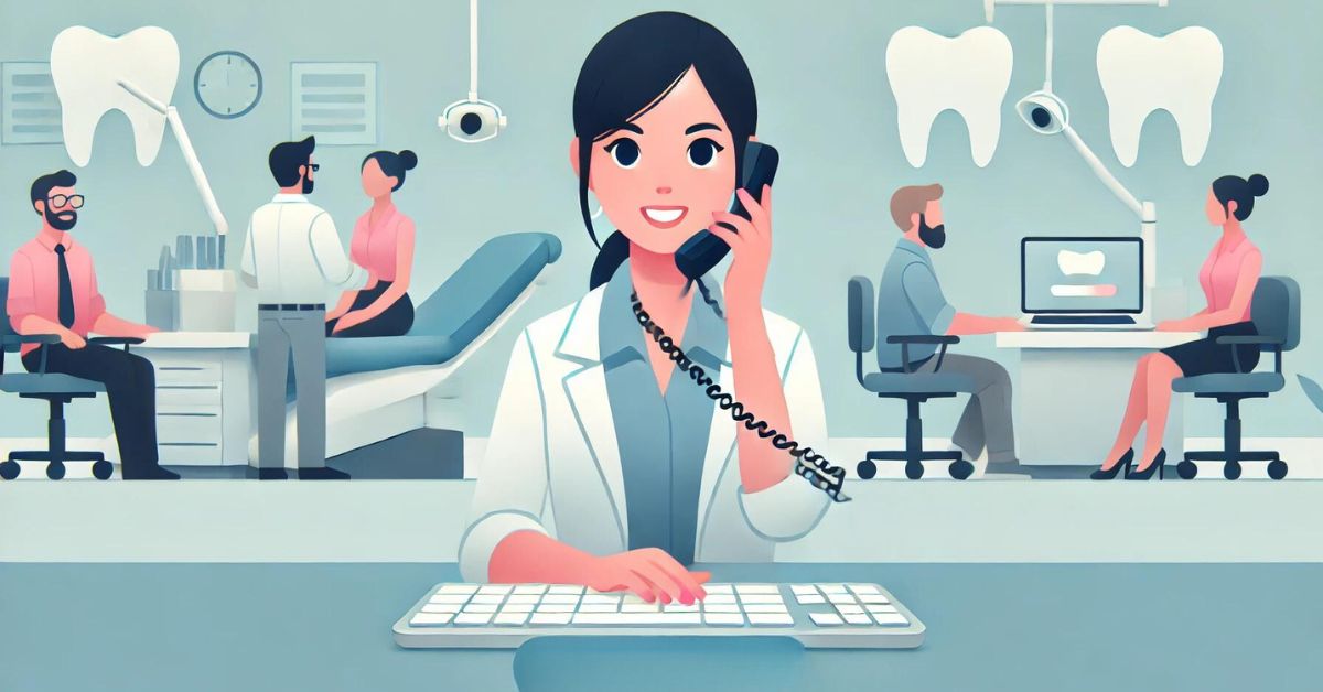 Receptionist answers phone in busy dental office.