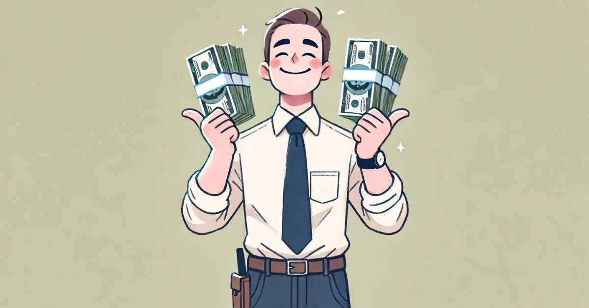 Property manager holding a stack of money, looking relieved and happy.