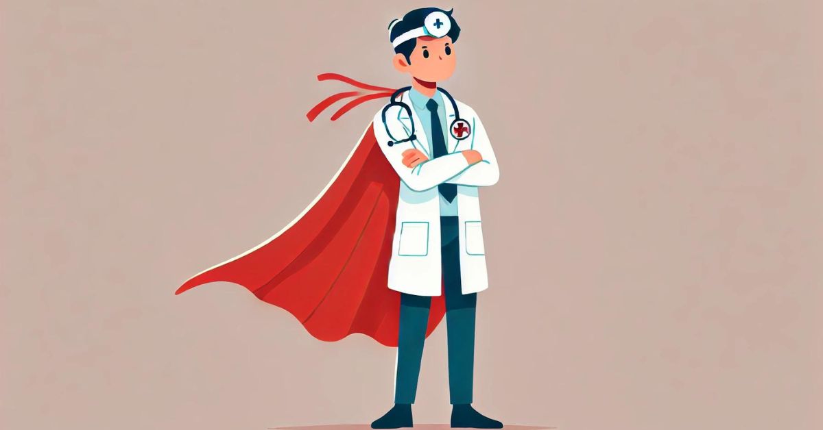 Calm doctor with a superhero cape, confidently standing with arms crossed.