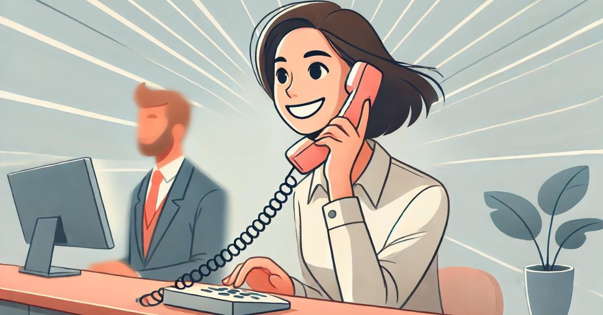 Receptionist quickly answers phone while patient smiles.