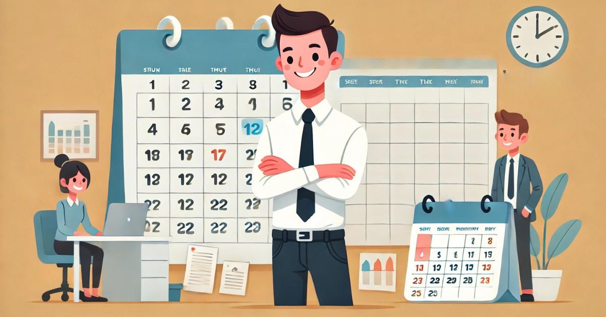 Confident property manager with arms crossed, standing by a full schedule calendar.