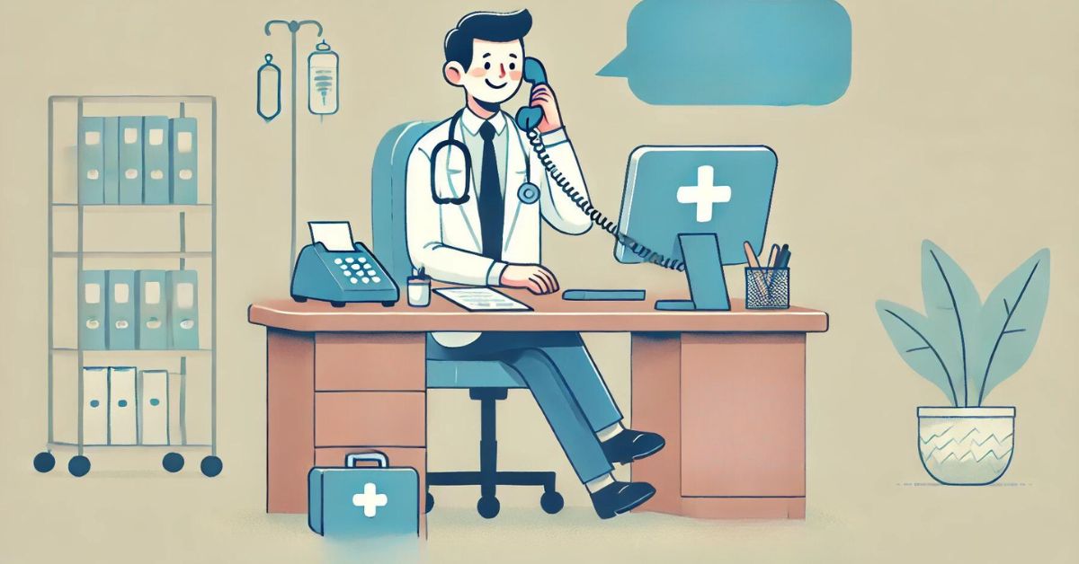 Doctor sitting at a desk, relaxed, with a Rinvox agent handling calls.