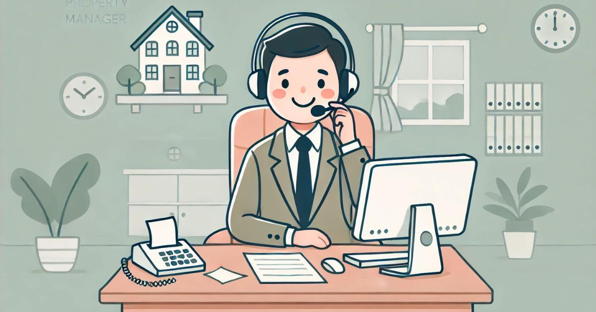 Property manager with phone headset, smiling while taking a call.