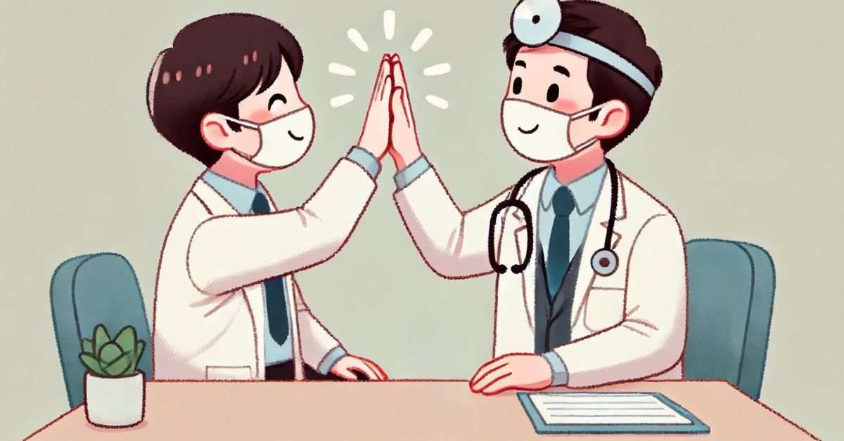 Doctor high-fiving a Rinvox agent, both smiling.