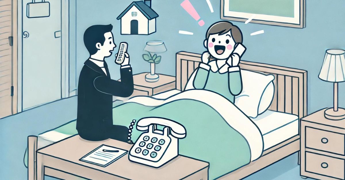 Property manager in bed, startled by a ringing phone, while a happy tenant holds a phone, relieved.