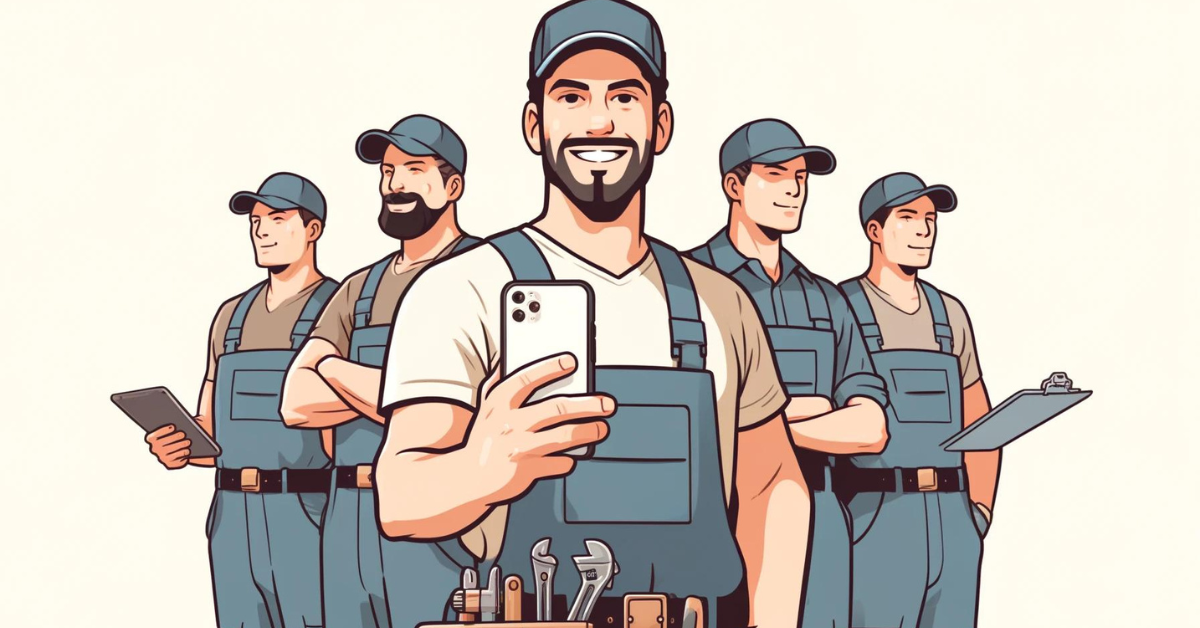 Group of plumbers standing together, one holding a phone