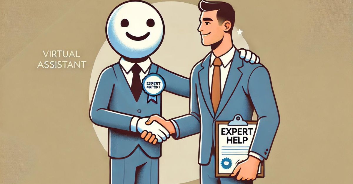 Business person shaking hands with a virtual assistant holding an 