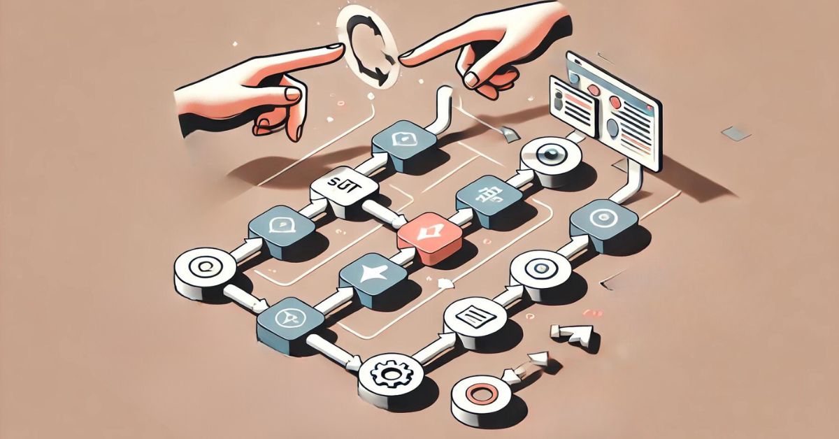 Hands point and direct in a flow chart indicating setup, integration, and feedback.