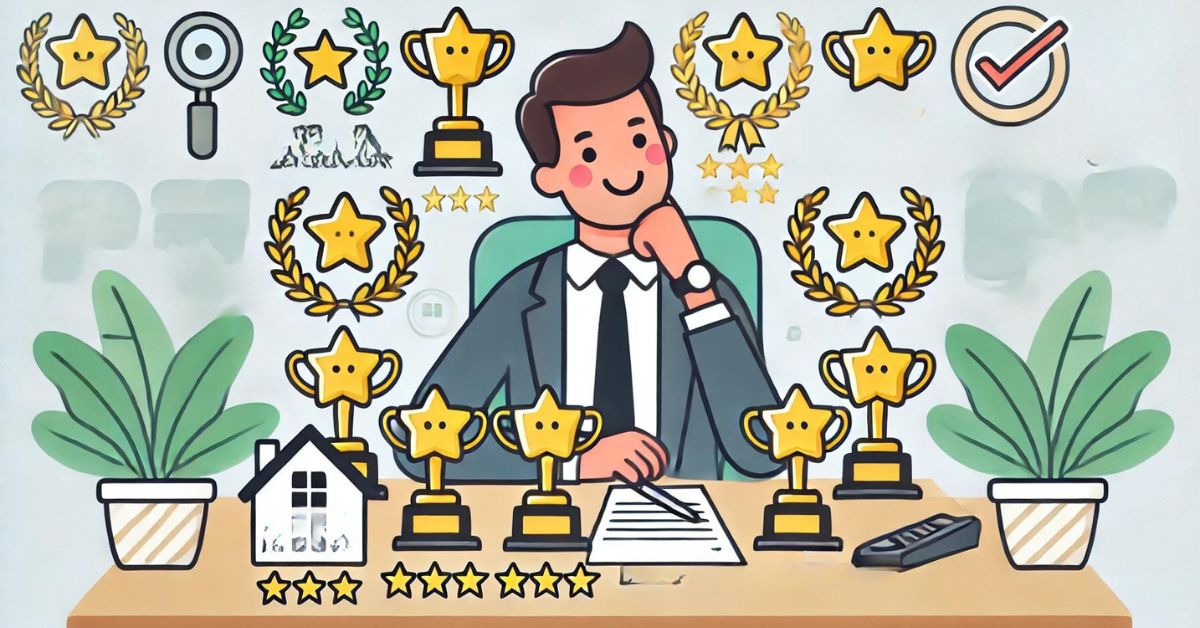 Property manager sitting at a desk, surrounded by awards and positive feedback symbols, looking proud.