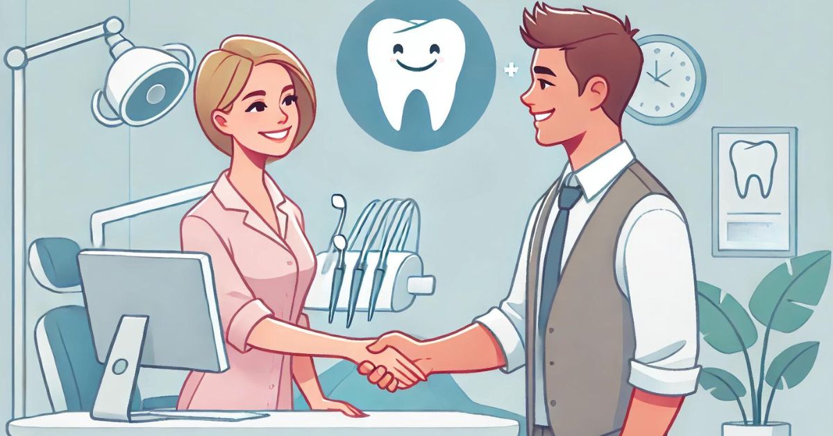 Receptionist shakes hands with dentist, symbolizing trust and partnership.