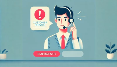 Alert customer service representative holding a phone with an emergency icon.