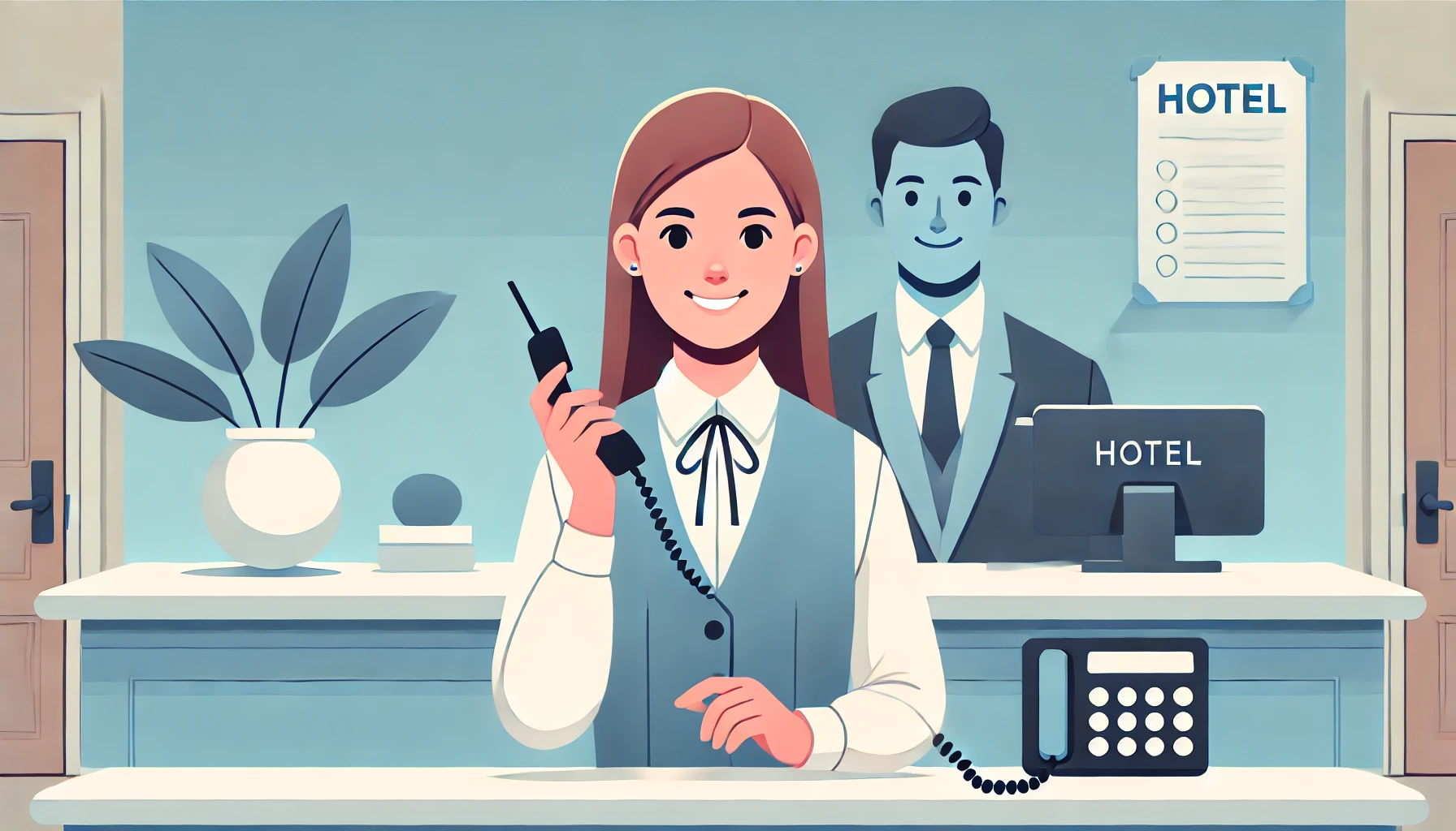 Hotel receptionist holding a phone and smiling behind a desk.