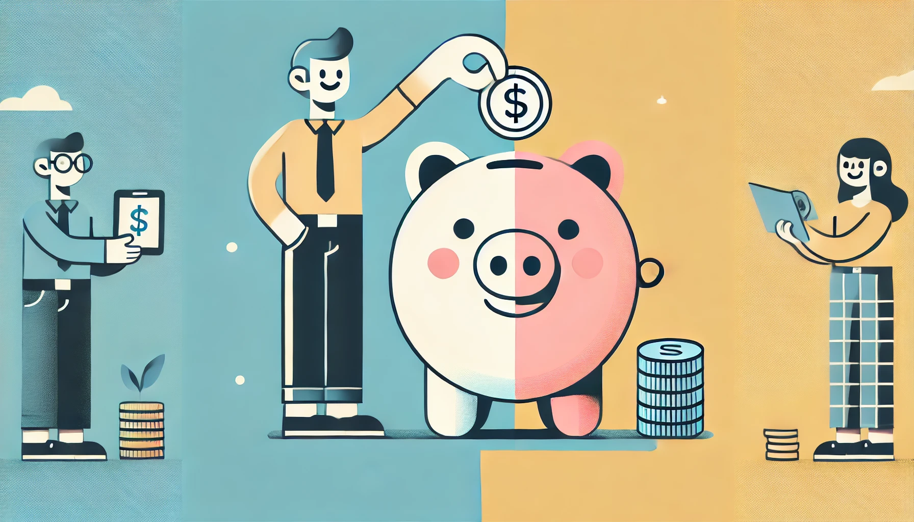 Piggy bank with a coin being inserted, held by a smiling person.