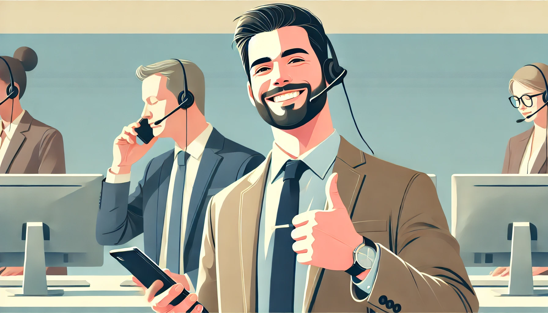 A business owner smiling with relief, holding a phone in one hand while giving a thumbs up with the other. In the background, a professional team member with a headset is busy answering calls.