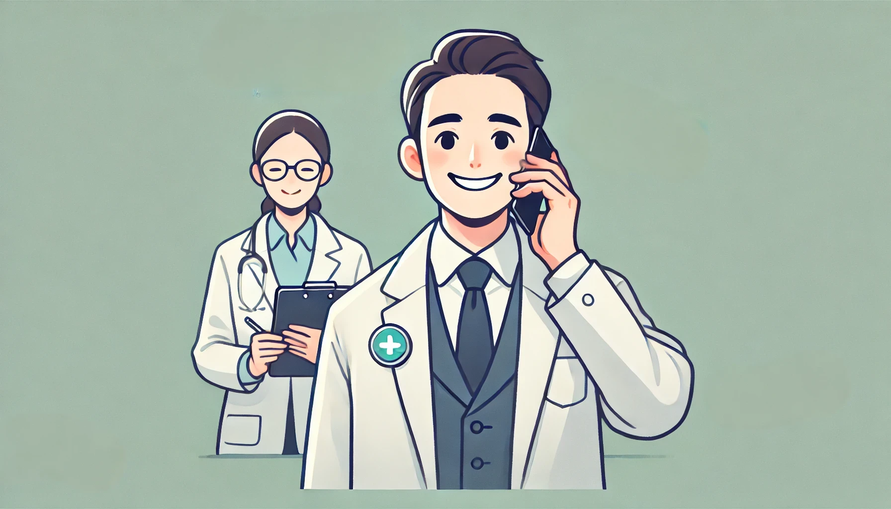 Doctor holding a phone and smiling, with a Rinvox agent nearby ready to assist.