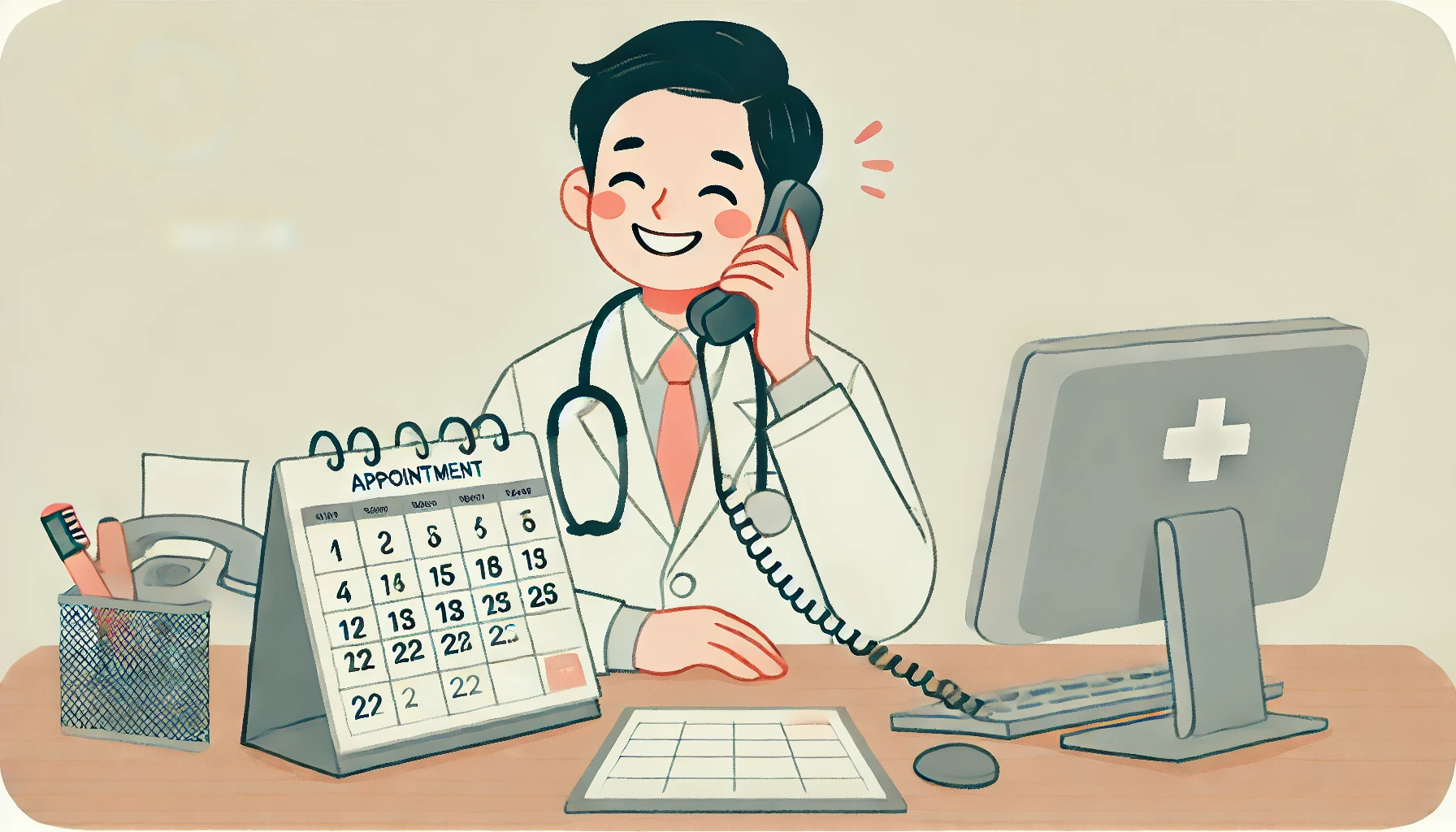 Doctor on the phone, smiling, with a calendar and appointment book on the desk.