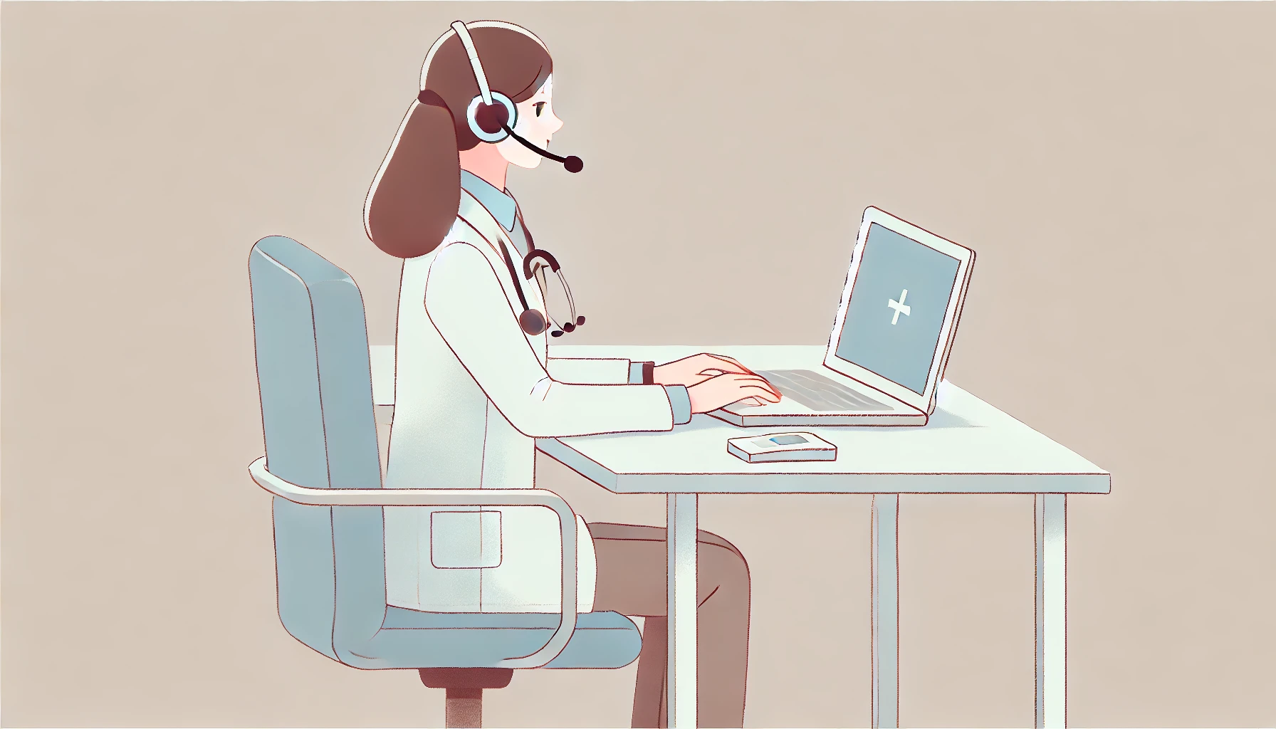 Female doctor with a headset managing calls and schedules.