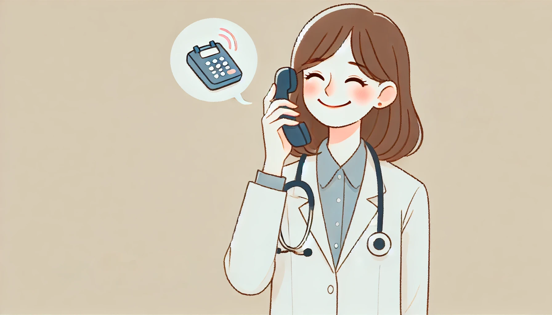 Female doctor smiling at a ringing phone, feeling relieved.