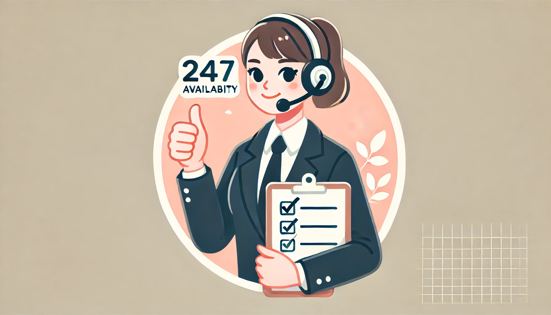 A female professional agent wearing a headset, holding a checklist, and giving a thumbs-up. The agent should look confident and reliable, representing 24/7 availability and professional handling.