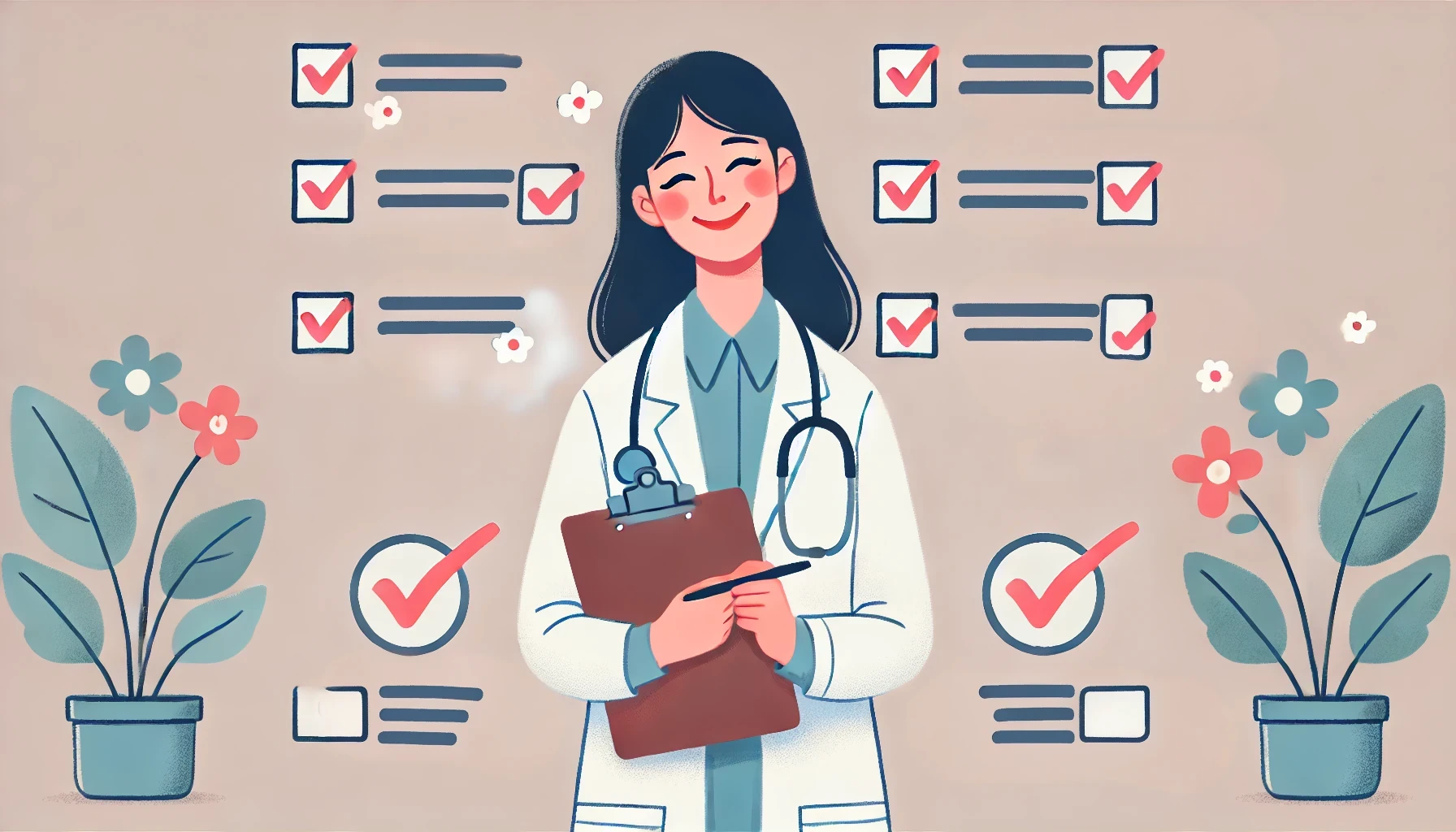 Doctor with a clipboard, smiling, with checkmarks for benefits.