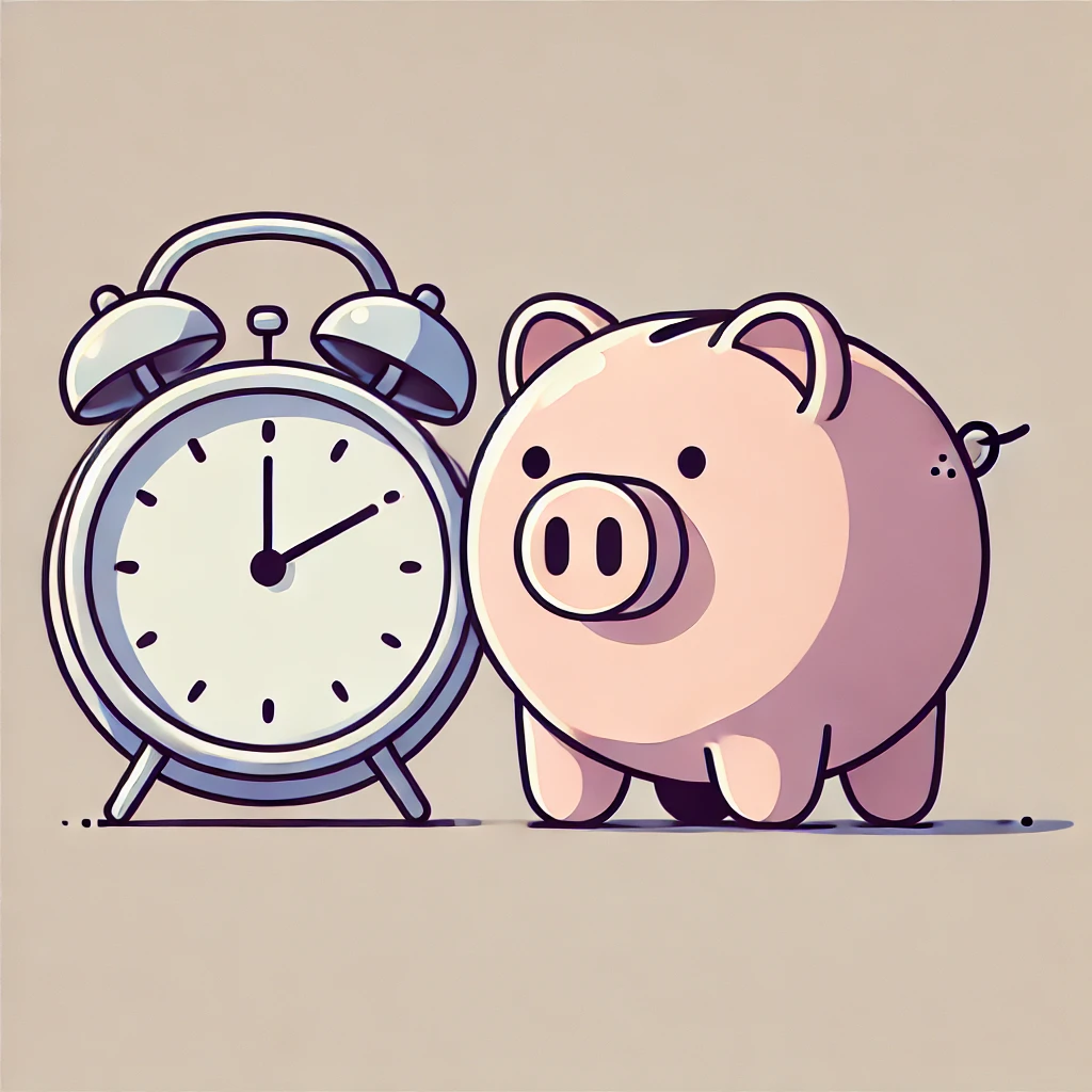 Piggy bank and clock symbolizing saved time and money.