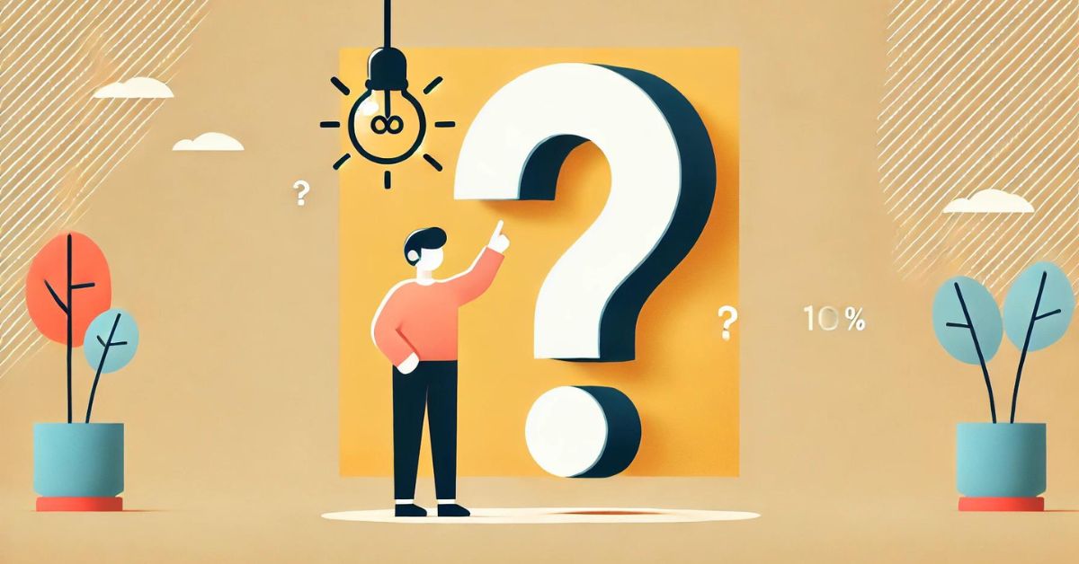 Person pointing at a large question mark with a lightbulb overhead.