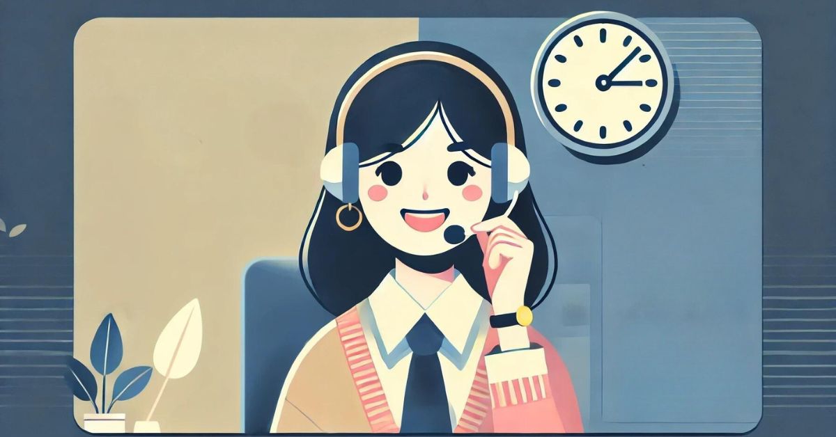 Customer service representative wearing a headset and holding a phone.