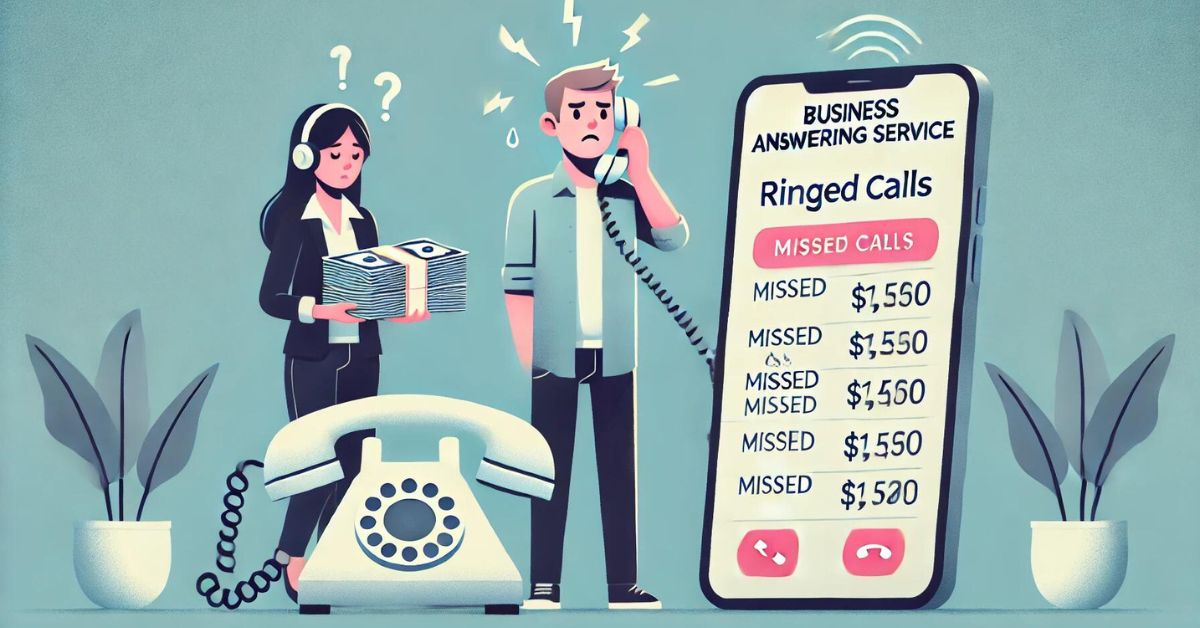 A worried person standing in front of a ringing phone, holding a long list of missed calls and a stack of money. Beside them, a smiling person wearing a headset, ready to answer the phone with a sign showing 