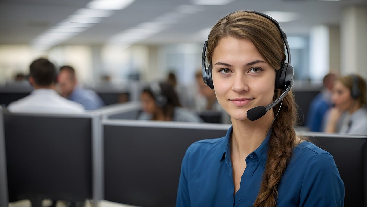 A young woman wearing a headset and smiling in a busy call center with colleagues working in the background.