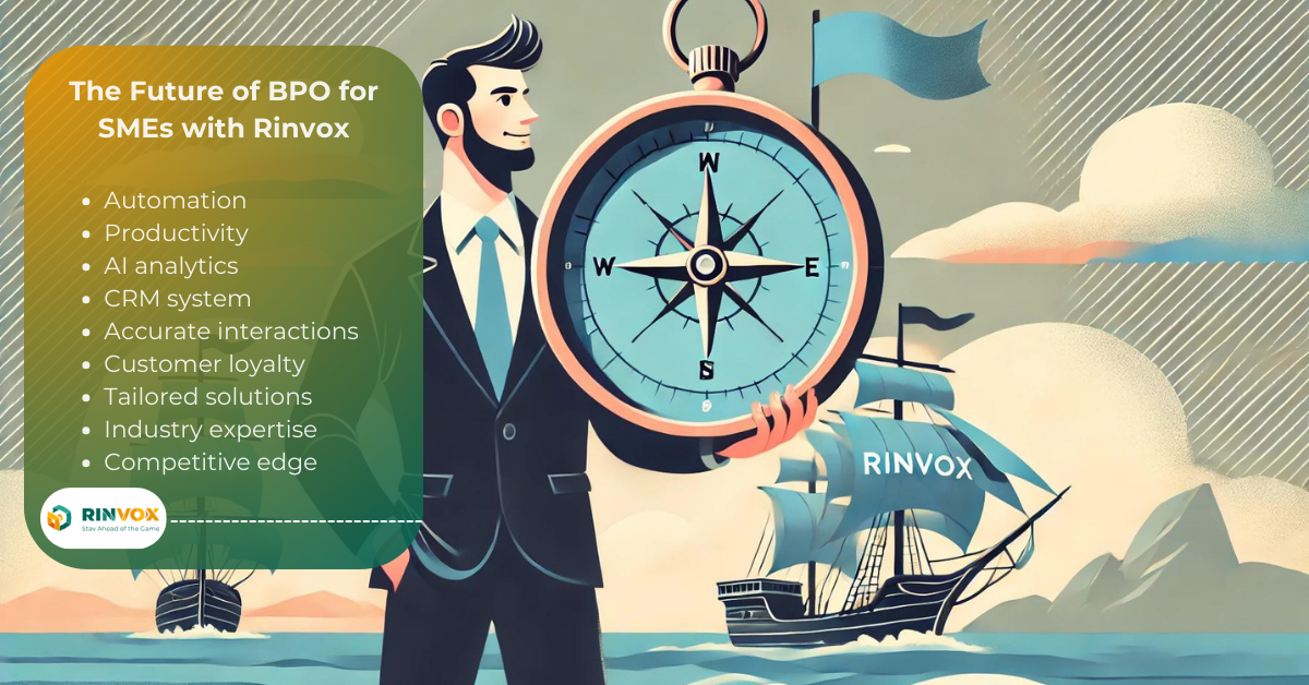 Business professional holds compass guiding a ship through stormy seas, symbolizing custom solutions. Business Process Outsourcing for SMEs