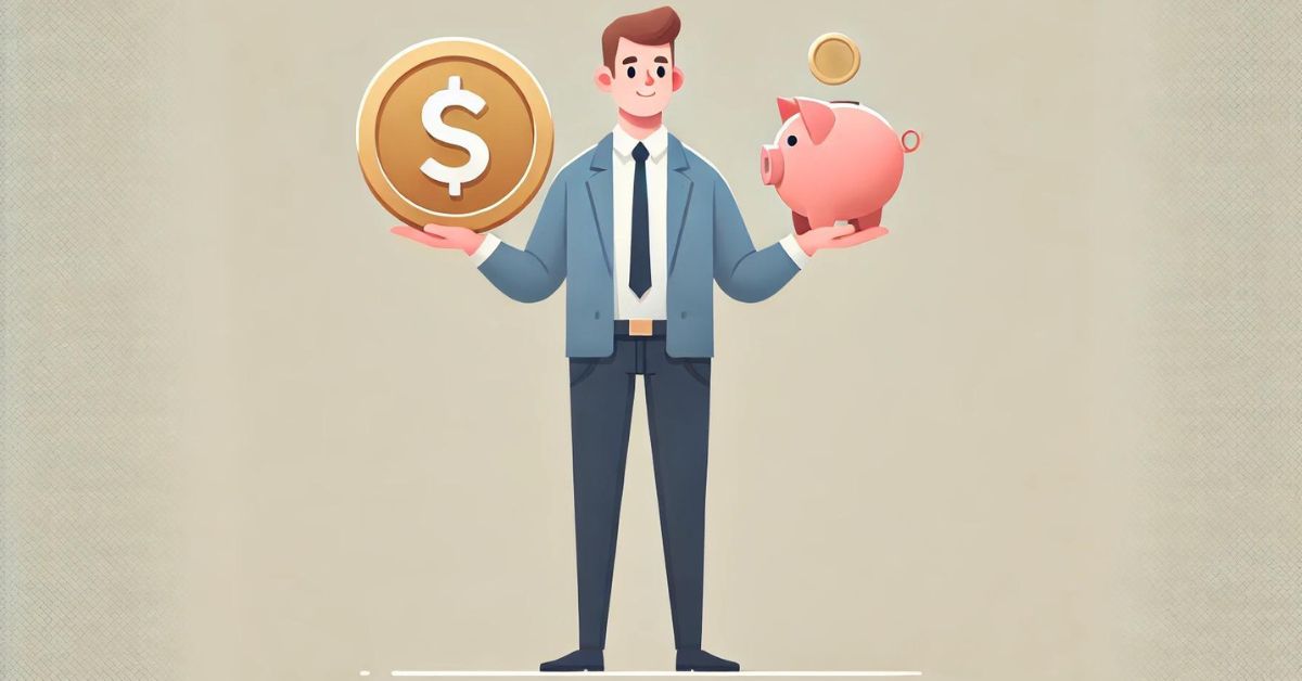 Person standing and holding a large coin in one hand and a piggy bank in the other, looking pleased and content.