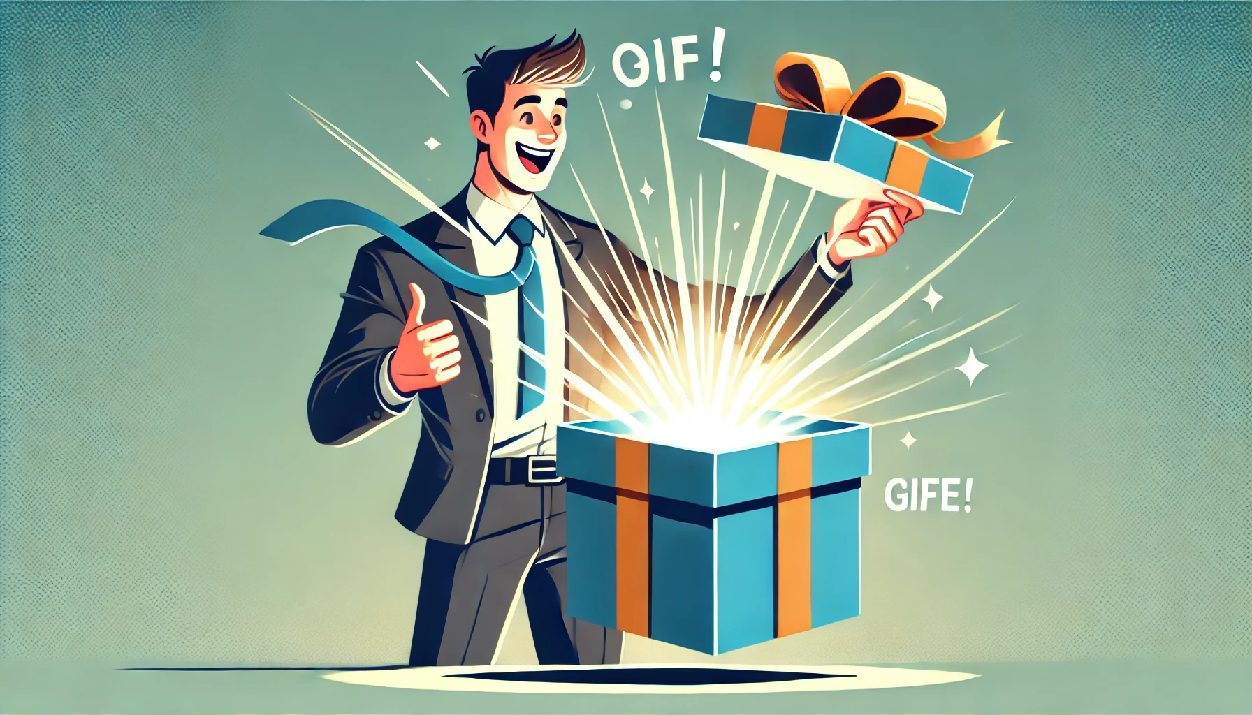 Enthusiastic person holding a gift box bursting with light.