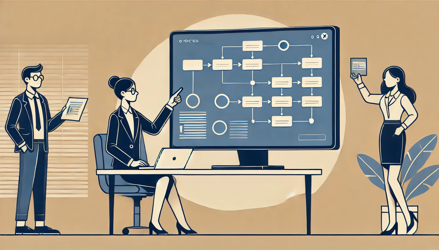 Person at a desk, pointing to a flowchart on a screen, explaining the process.