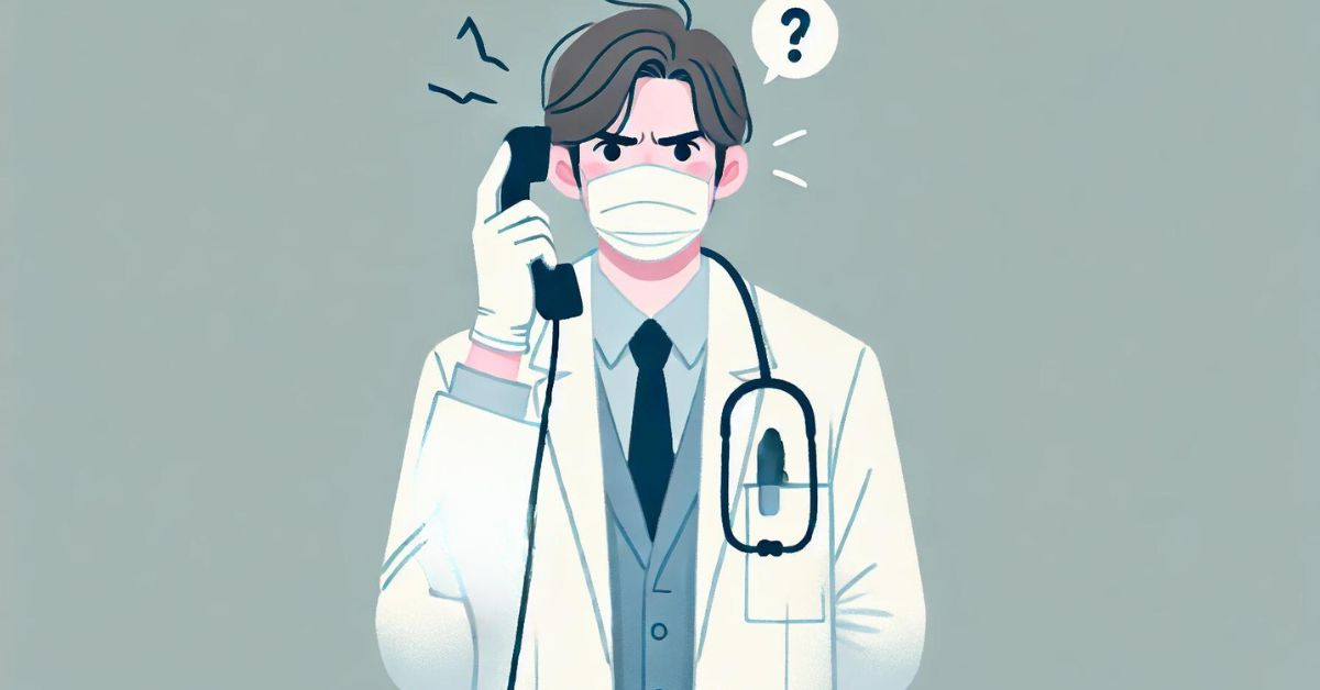 Frustrated doctor holding a ringing phone.