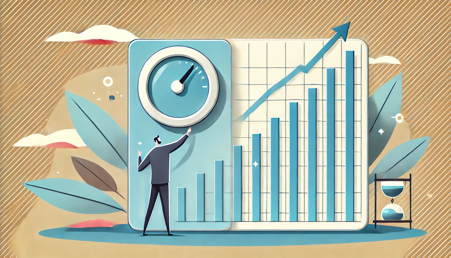 A graph with an upward trend, symbolizing scalability, with a businessperson adjusting the size of the graph.