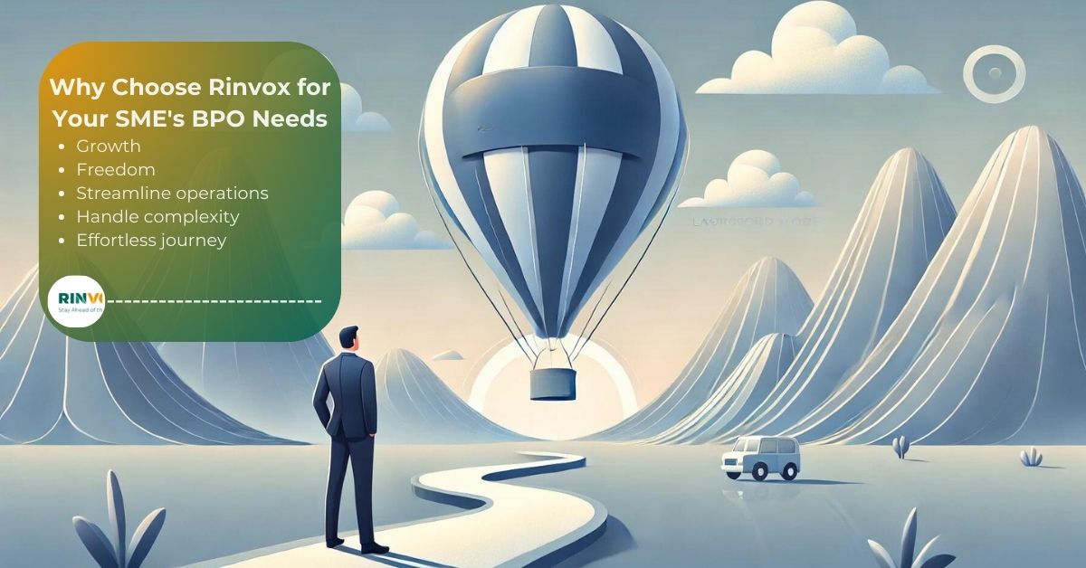 Business professional with a hot air balloon rising into the sky, symbolizing growth and freedom. Business Process Outsourcing for SMEs