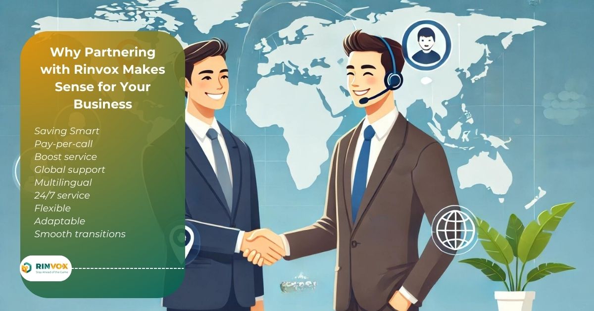 Business professional shakes hands with Rinvox representative. Global support map.