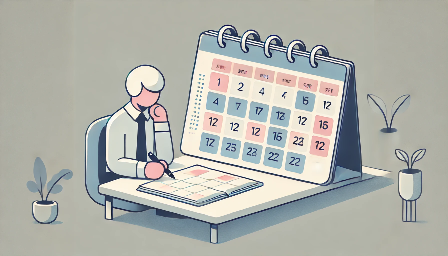 Person sits at desk with a large calendar, holding a pen.