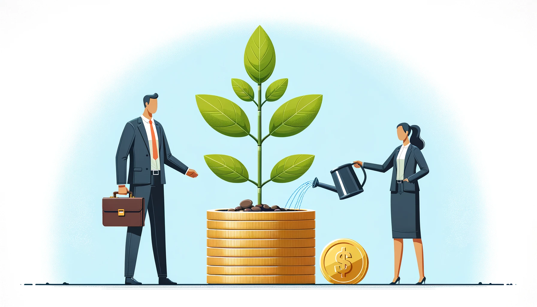 A plant growing from a stack of coins, symbolizing business growth, with a businessperson watering it with a watering can.