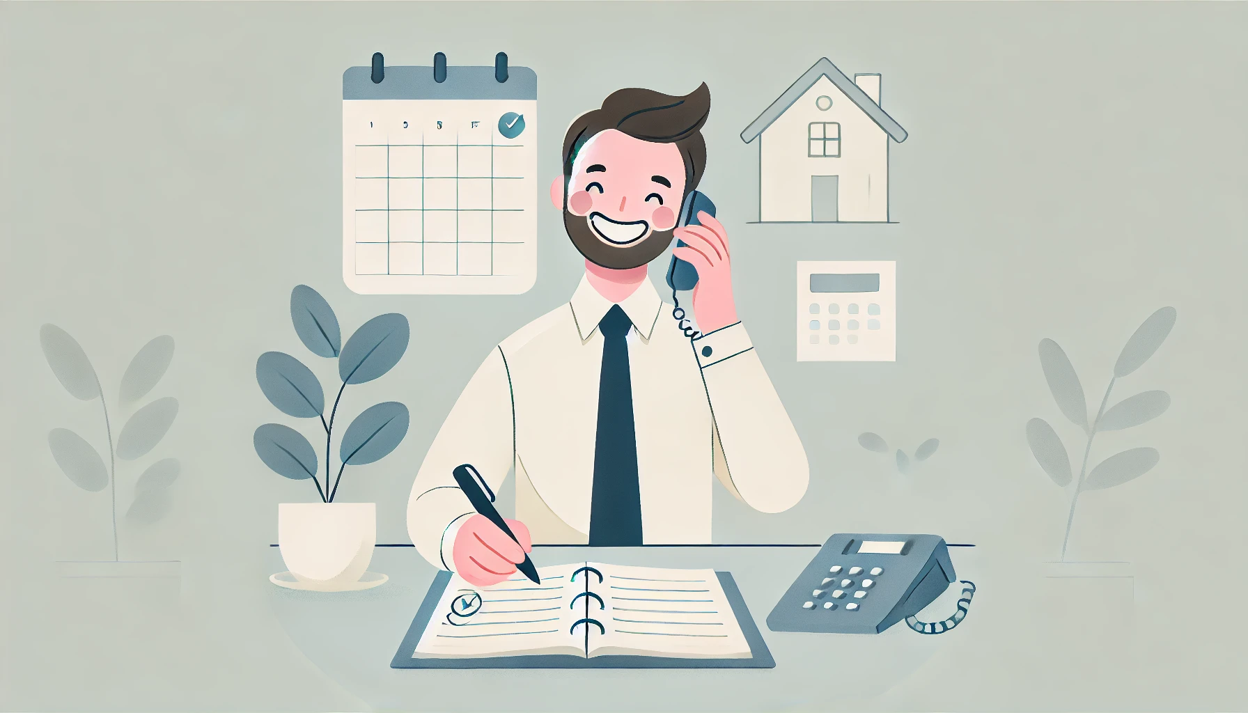 Smiling property manager on the phone, writing in a planner.