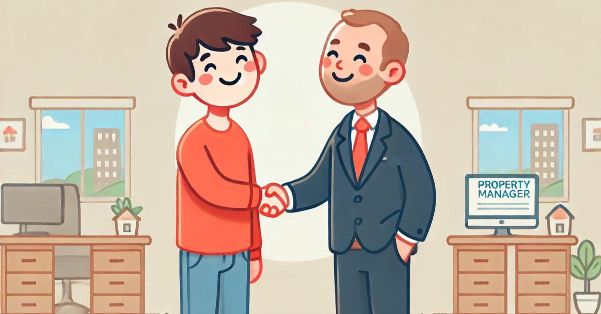 Property manager shaking hands with a happy tenant.