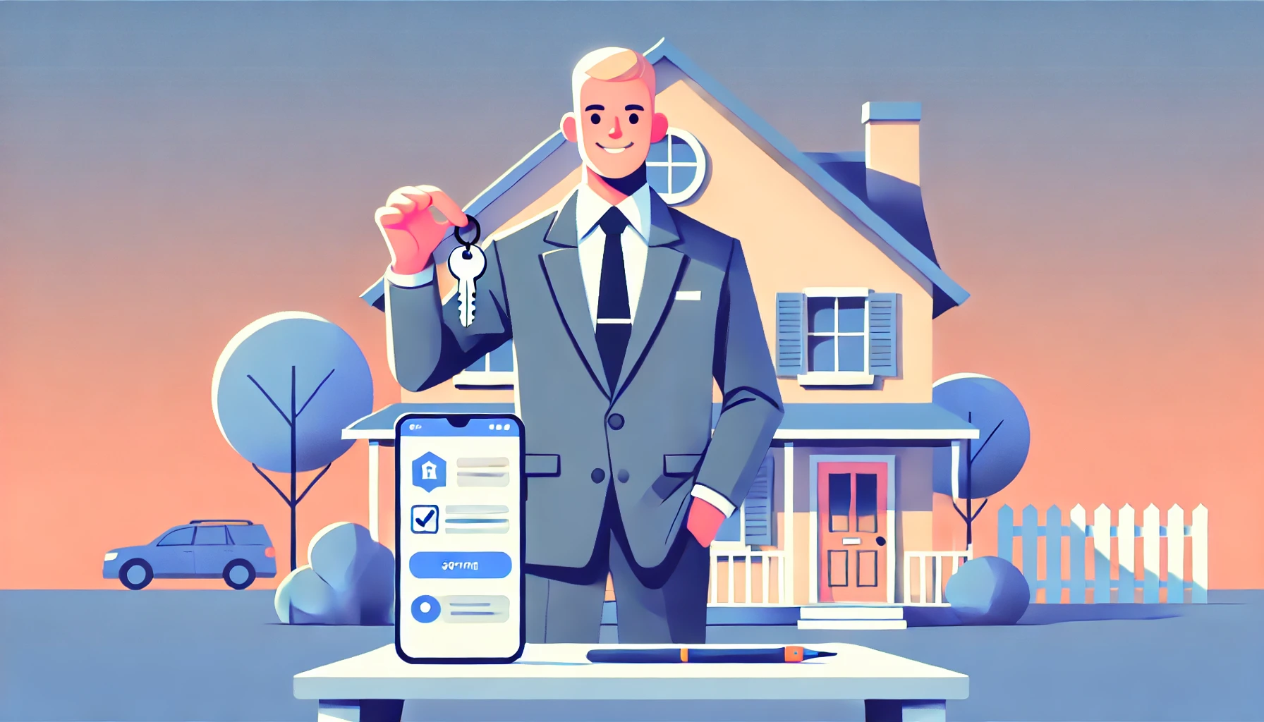 Real estate agent holding keys and a phone in front of a house.