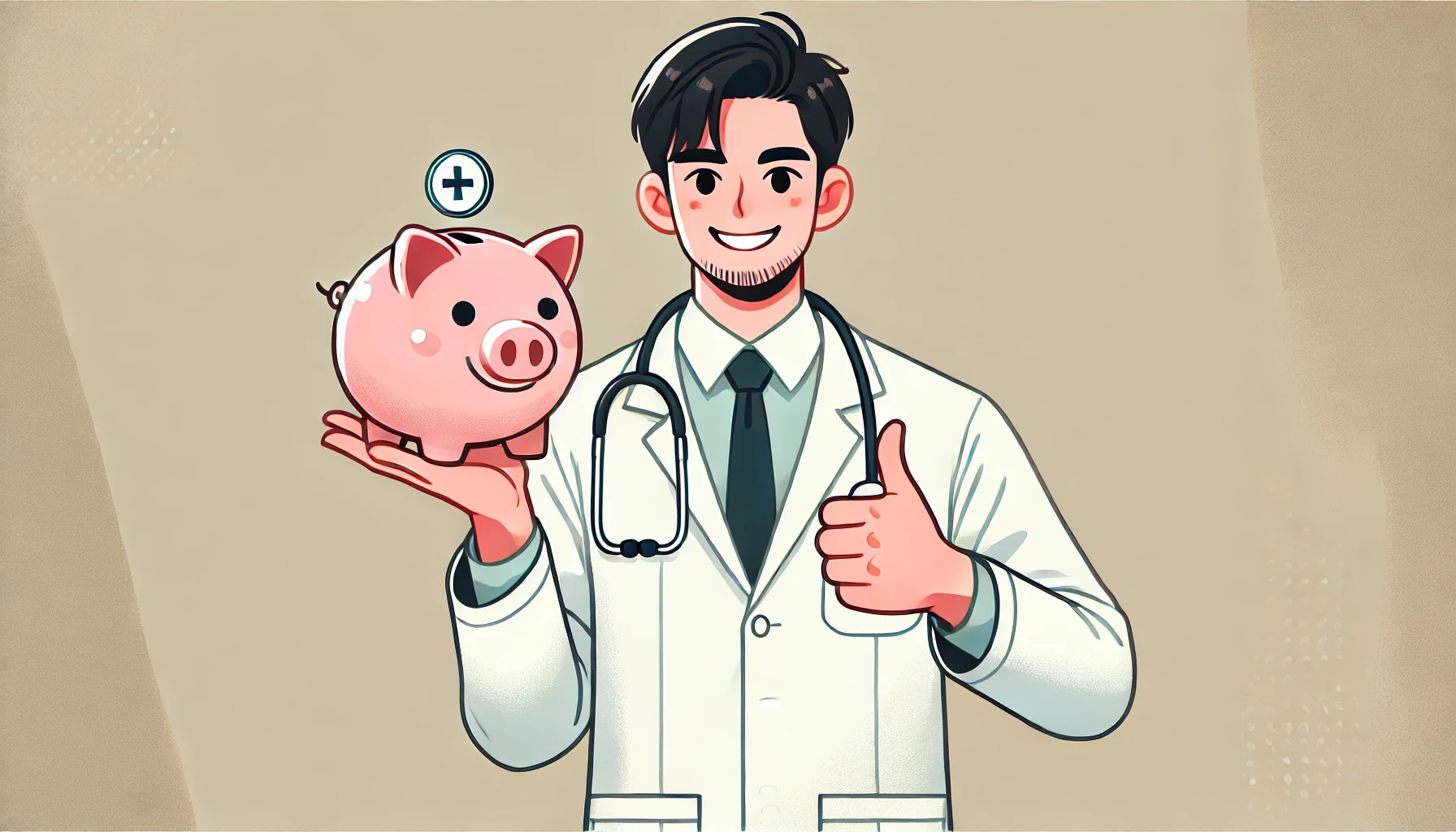 Smiling doctor holding a piggy bank and giving a thumbs-up.