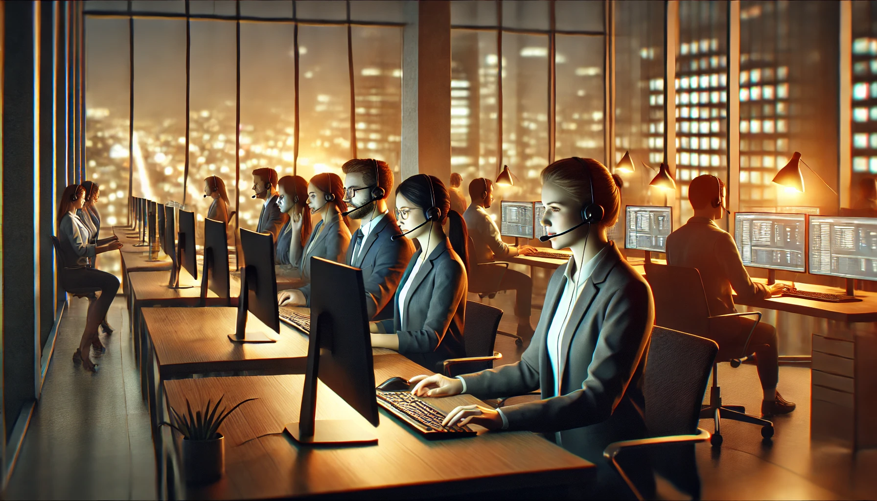 Customer support agents working in a modern office at night, representing after hours call center services